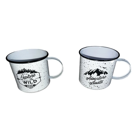 Design Pac Set of 2 Tin Coffee Mugs with Handles 16 fl oz White & Black Adventur - Picture 6 of 12